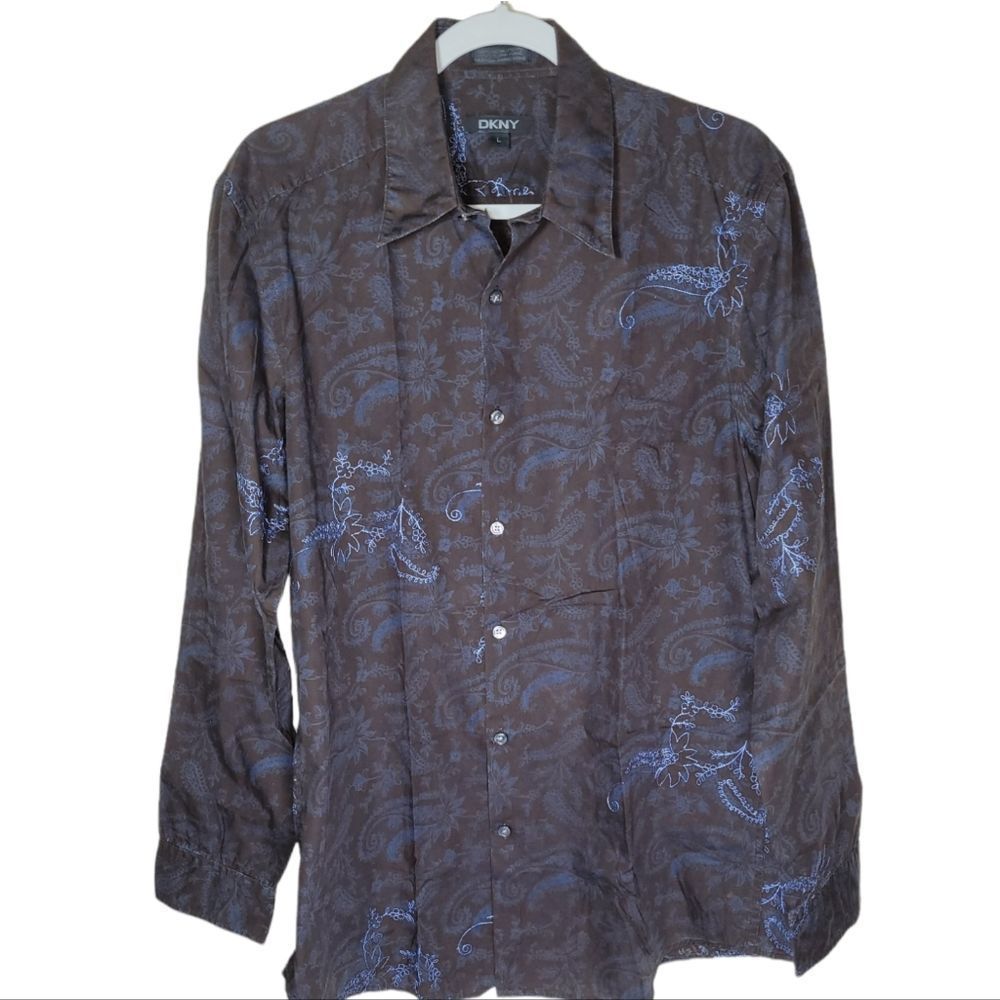 DKNY Men's Long Sleeves Floral Print Country Style Brown Cotton Shirt Size L